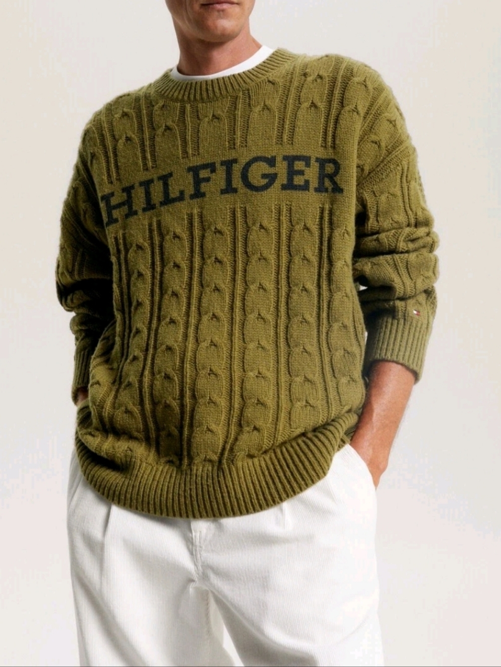 Tommy Hilfiger Monotype Logo Cable Knit Sweater Crew Neck Olive Green Men Size L